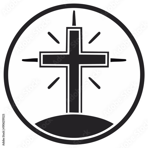 Christian cross silhouette with radiating light in a circle. Simple religious symbol, church or religion concept.