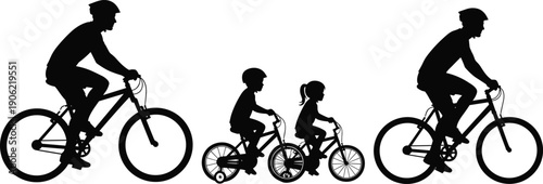 Family cycling silhouettes illustration showing parents and children riding bicycles together outdoor recreation black vector isolated on white background