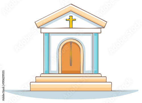 Charming cartoon church illustration with a golden cross on the roof, inviting arched wooden doors, and steps.