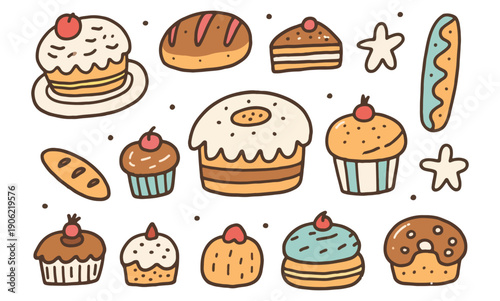 Bakery Items Vector Set – Bread Cake Pastry Donut Croissant Cartoon Food Collection