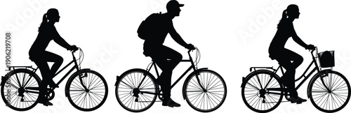 Urban cycling silhouettes showing men and women commuting by bicycle eco transport lifestyle black vector illustration isolated white background design