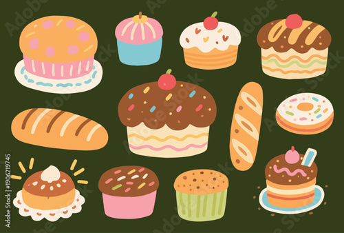 Bakery Items Vector Set – Bread Cake Pastry Donut Croissant Cartoon Food Collection