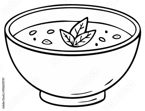 Hand-drawn illustration of a delicious soup in a bowl with fresh herb garnish and floating seeds
