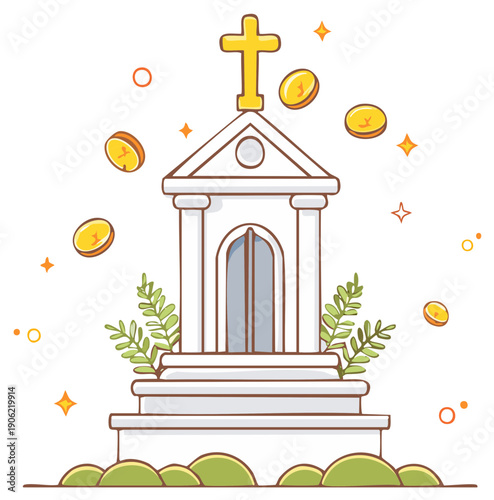 Cartoon Church with Coins and Plants - Donations, Giving and Religion