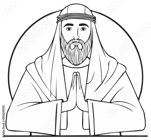 Monochrome illustration of bearded man with hands clasped, wearing a head covering, conveying prayer, reverence, or respect