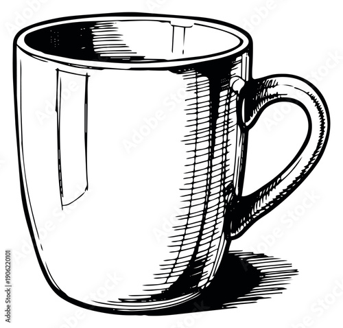 Hand drawn line art illustration of a coffee mug depicting an empty cup for breakfast and cafe concepts