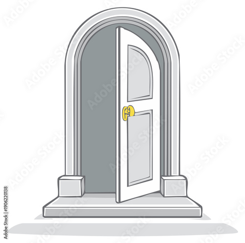 Stylized illustration of an open white arched door with a golden doorknob revealing a dark entrance