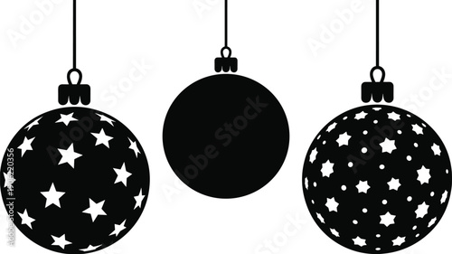 Black Christmas ornaments hanging illustration, minimalist holiday baubles with star patterns, modern festive decoration isolated on white background