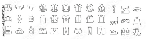 Male clothes and accessories thin line icon set