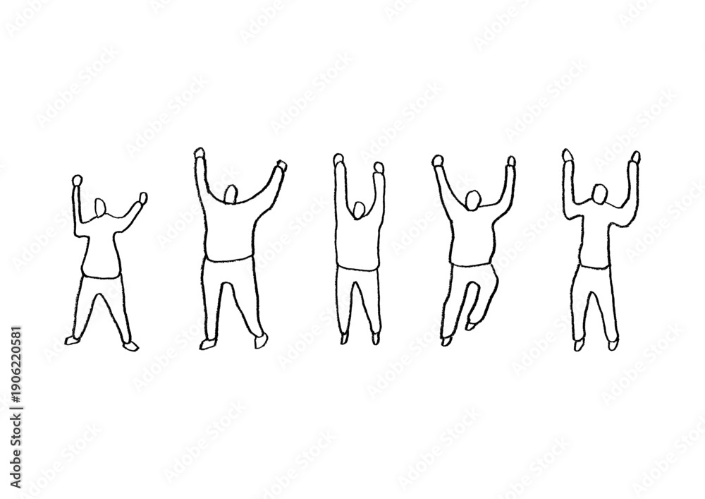 Fototapeta premium 手を挙げて喜ぶ人々の手描きイラストセット1