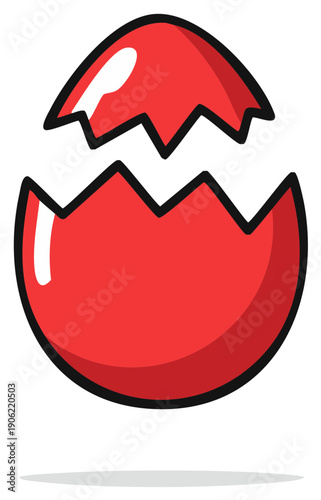 Bright red eggshell cracked open revealing glossy interior cartoon illustration