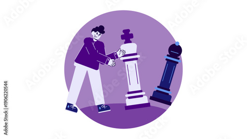 A man moving a large white king chess piece against a dark piece to illustrate competitive business tactics and strategy