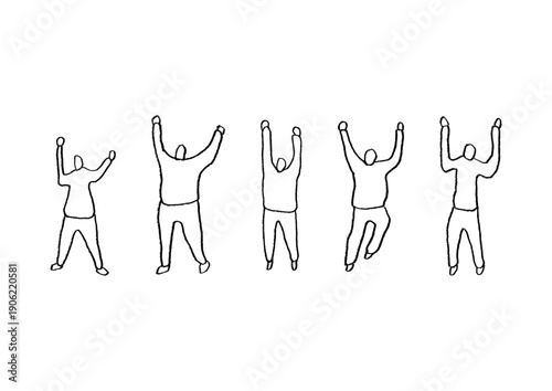 手を挙げて喜ぶ人々の手描きイラストセット1