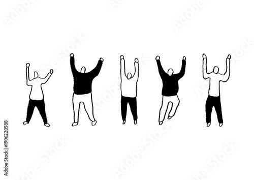 手を挙げて喜ぶ人々の手描きイラストセット2