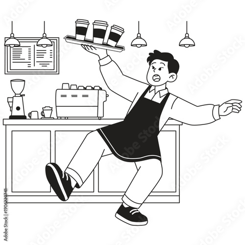Coffee Shop Illustration. Vector illustration of Barista slipping while carrying multiple takeaway coffees inside a cafe, workplace accident and busy coffee shop moment concept. Isolated on background
