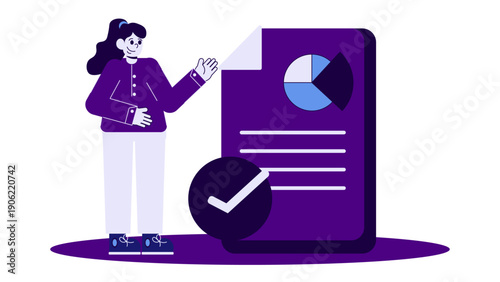 A woman presenting an official business document with pie charts and a large checkmark for verification