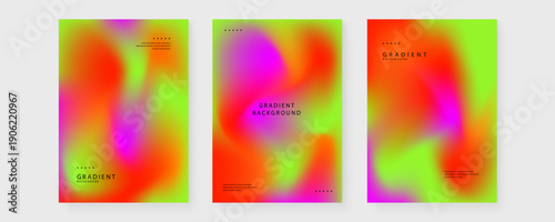 Set of three vibrant pink and lime mesh gradient posters featuring neon fluid shapes and a trendy grainy texture for modern art