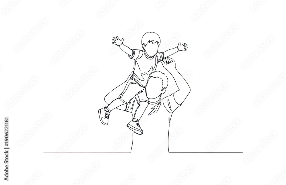 Fototapeta premium Single line drawing father carrying son on shoulders, family love and childhood joy
