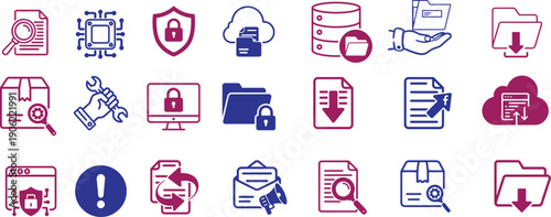 A comprehensive collection of various flat icons representing data management, file security, and cloud computing services