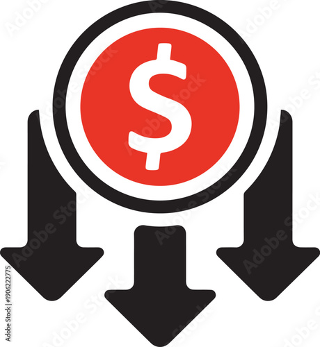 A red dollar coin symbol with three black arrows pointing downwards on a white background