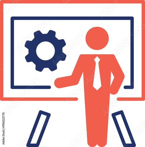 A presenter icon shows a person next to a whiteboard with a gear, representing business training or engineering workshop