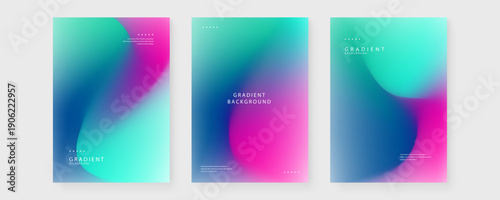A collection of three abstract gradient posters featuring vibrant cyan and magenta hues with placeholder text for modern branding