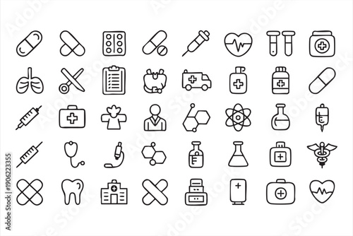 Medical line icons collection with hospital pharmacy and emergency symbols
