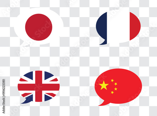 Multilingual Speech Bubble Icons with Country Flags—Japan, France, UK, China