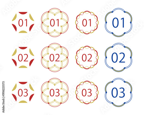 和風モダンな数字アイコン・見出しラベルセット。赤、青、ゴールドの繊細な幾何学模様と花のような円形フレーム。ステップ表示、ランキング、商品番号、年賀状やキャンペーンサイトの装飾に最適な高品質ベクターイラスト素材。