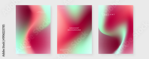 Set of three abstract posters featuring deep red and mint green blurred mesh gradients with typography