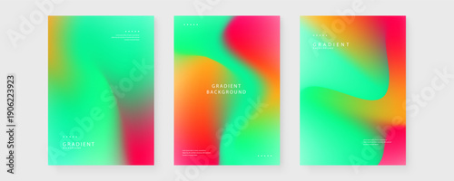Set of three abstract vibrant mesh gradient posters with organic fluid shapes in green and pink tones for contemporary branding and web background