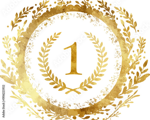 Emblema dourado elegante com o número um centralizado e moldura de folhas de louro em textura de aquarela para premiar o primeiro lugar.