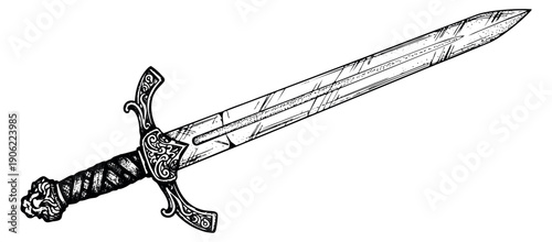 Hand drawn line art illustration of a medieval sword depicting an ornate hilt for fantasy games