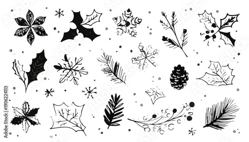 Coleção de elementos natalinos desenhados à mão com flocos de neve, folhas de azevinho e ramos de pinheiro em fundo branco transparente.