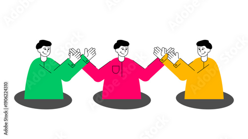 Three diverse team members emerging and high fiving to celebrate a successful collaboration