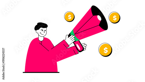 A businessman using a large megaphone to shout out and attract golden coins or investments