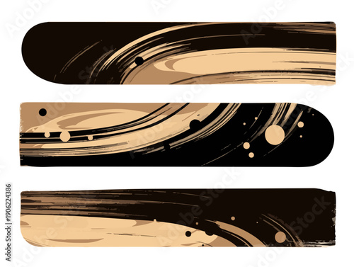 Conjunto de três banners horizontais abstratos com tema de espaço sideral e órbitas planetárias em tons de preto e bege com fundo transparente.