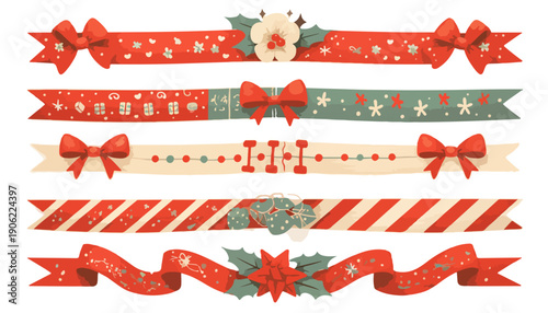 Conjunto de banners festivos de Natal com laços vermelhos elegantes, flores de poinsétia e detalhes de azevinho para design criativo.