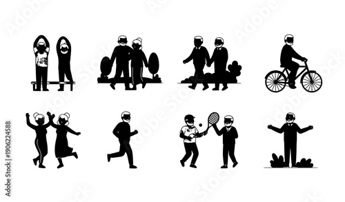 Healthy aging senior couples active lifestyle cartoon vector set