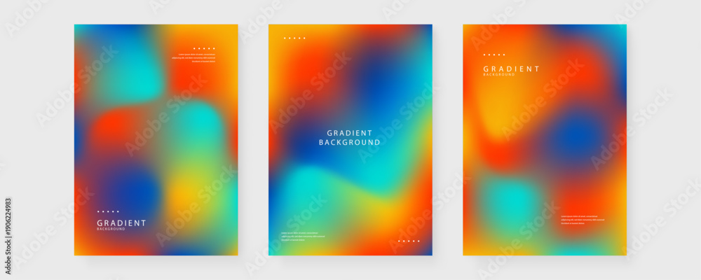 Fototapeta premium A collection of three high quality vertical posters featuring futuristic blue and orange mesh gradients with minimalist typography