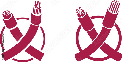 Two crossed optical fiber cables in a circle representing telecommunications and networking technology