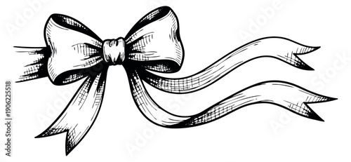 Hand drawn line art illustration of a ribbon bow depicting a decorative accent for gifts and celebrations