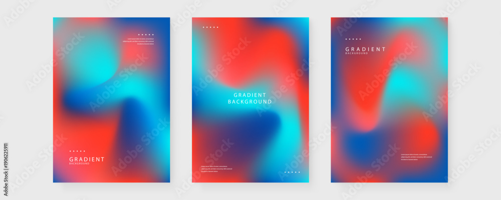 Obraz premium Trio of abstract posters featuring high-energy red and cyan blue fluid gradients with clean white typography