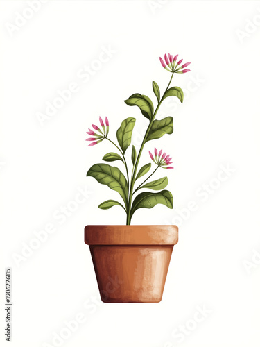 Minimal Potted Flower Plant on White Background with Copy Space
