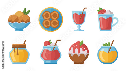 Iftar dessert and drinks icons, juice glasses, cupcakes, candy apples, fruit pudding bowls, Ramadan night party elements, invitation banner vector