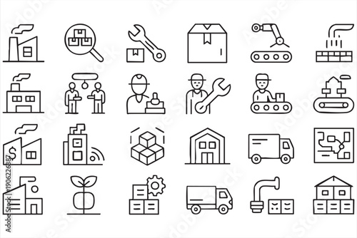 Industrial factory outline icons for logistics systems