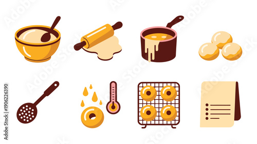Baking process icons vector set with mixing bowl, rolling pin, melted chocolate pan, strainer spoon, cookies, recipe card, temperature droplet
