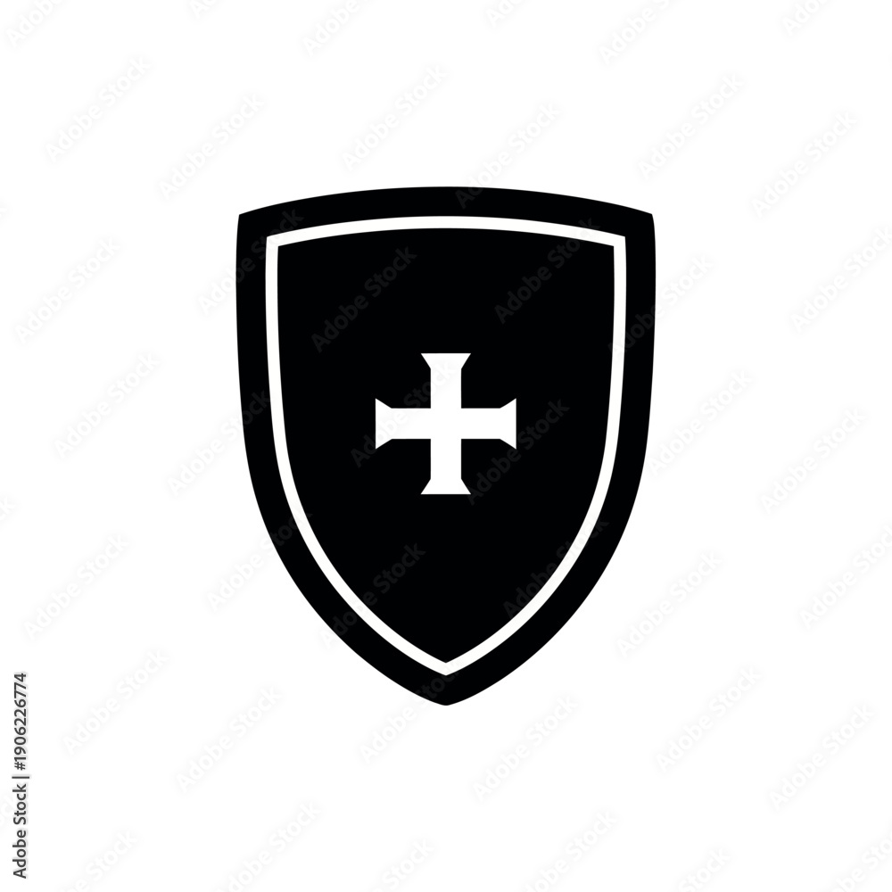 Obraz premium Black shield with white cross icon illustration.