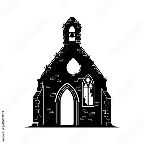 Old Abandoned Church Building Silhouette Illustration.