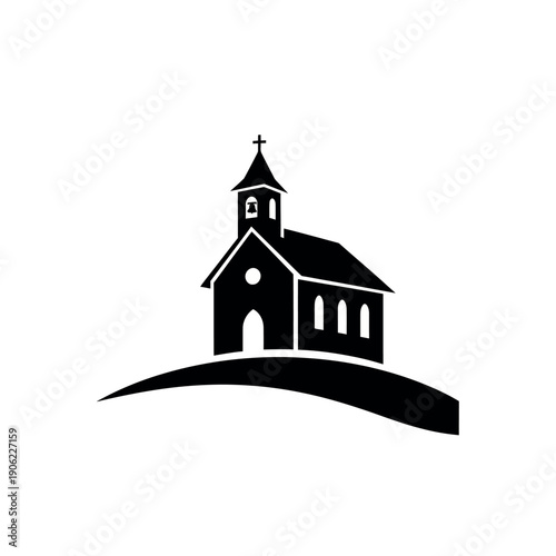 Simple Black and White Church Silhouette on a Hill.